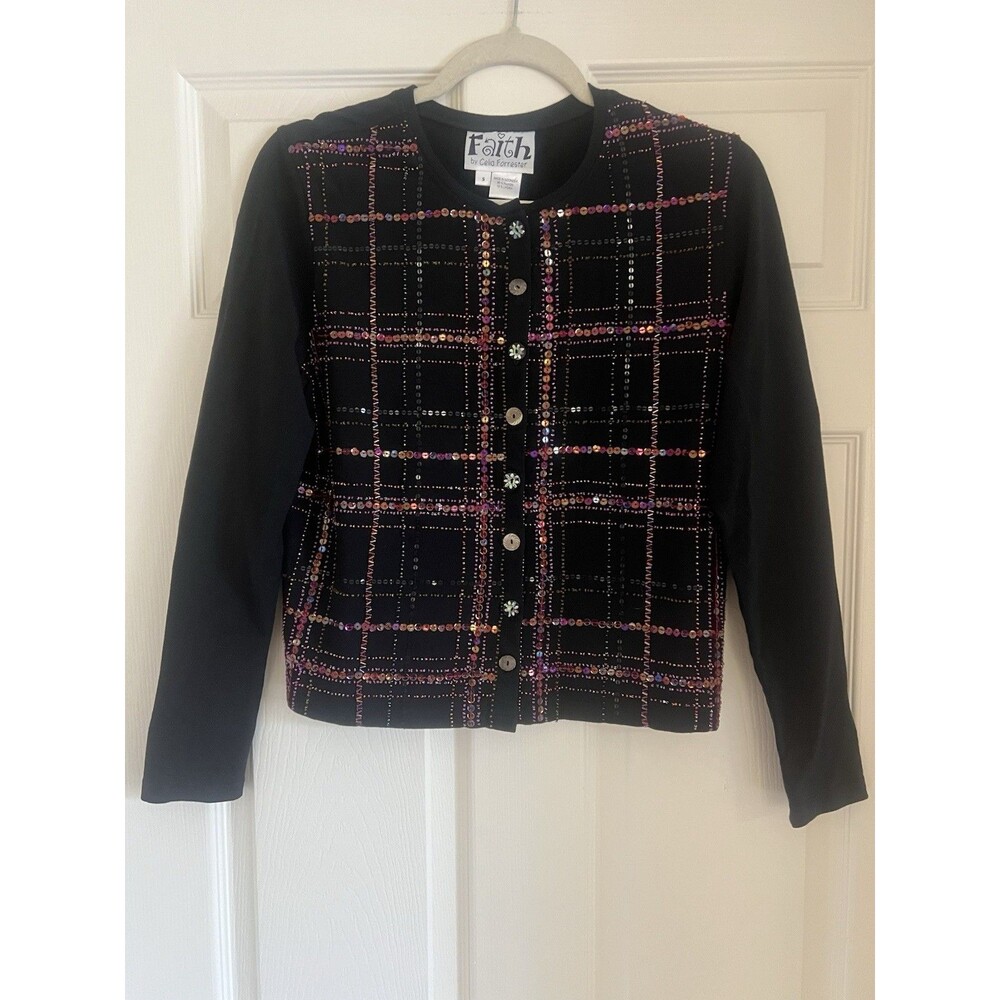 Vtg Faith By Celia Forrester Sequin Plaid Cardigan Jacket S Rayon ArtToWear EUC